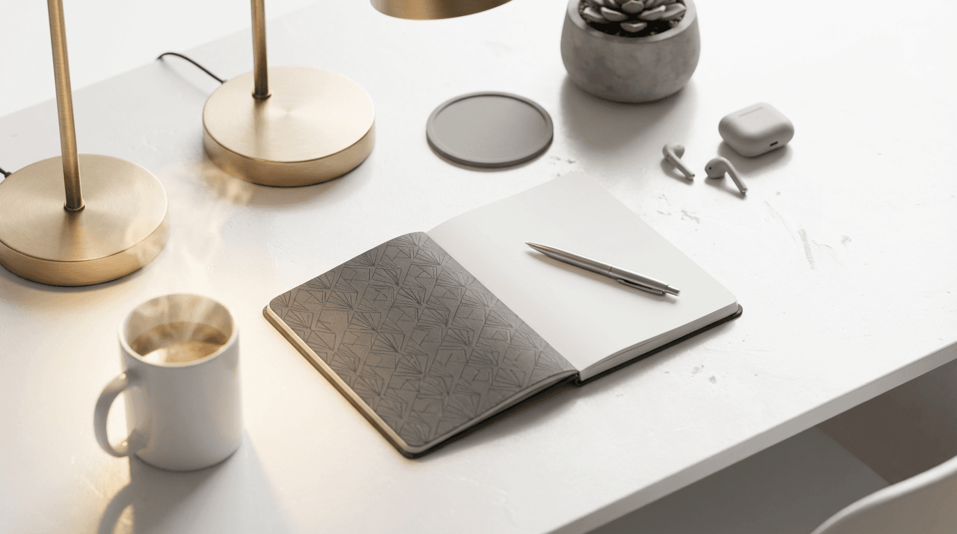 A coffee cup and notepad with handwritten notes on a desk