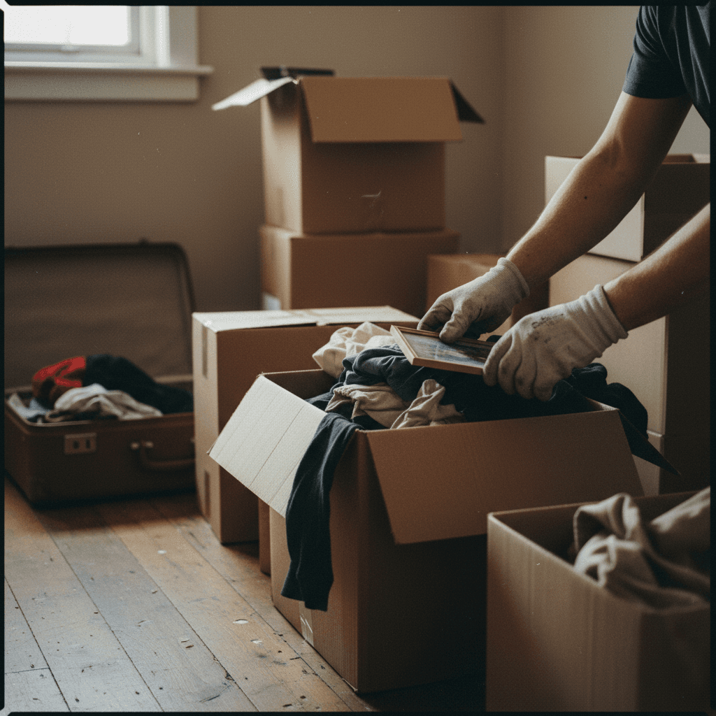 Hands packing a cardboard box with bubble wrap on a wooden table