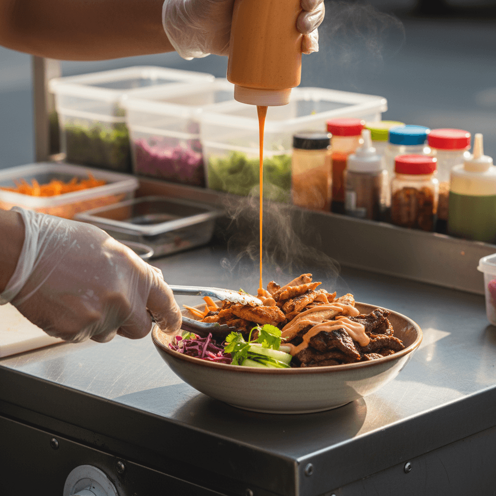 Fresh food containers on a mobile take-away stand counter