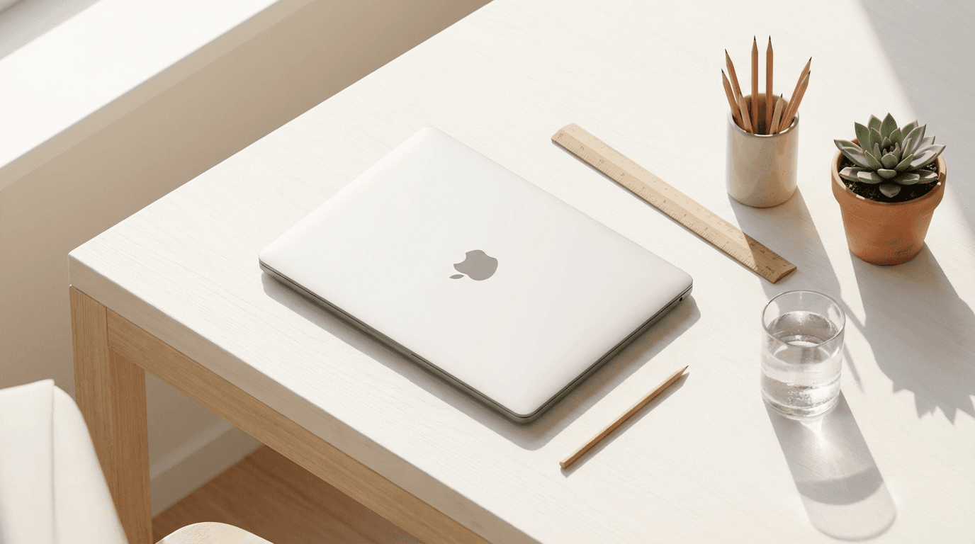Overhead view of an organized desk with notebook, pen, coffee, and calculator