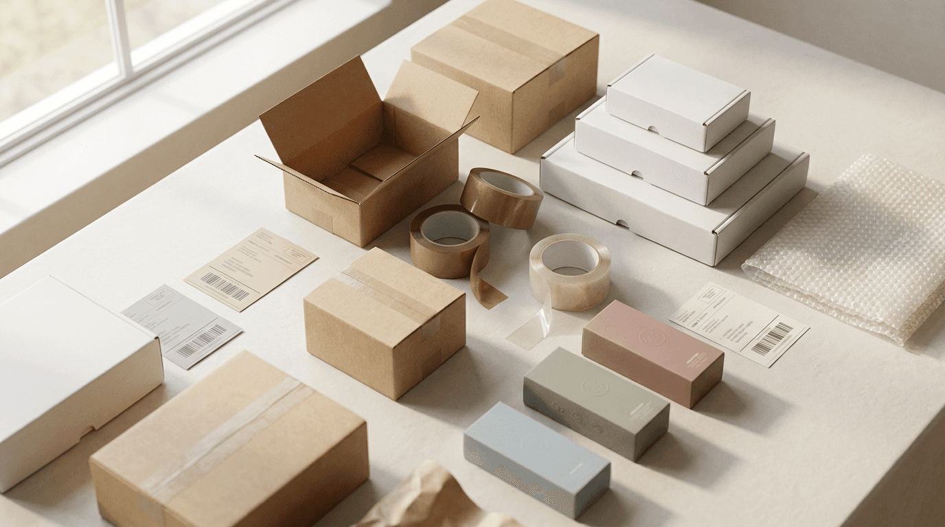 Hands stacking packed mail-order boxes in a tidy workspace