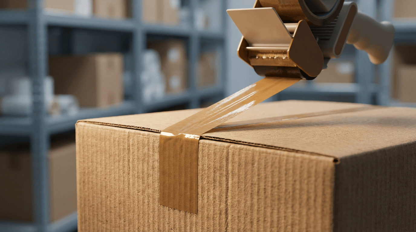 A hand sealing a cardboard parcel on a wooden tabletop