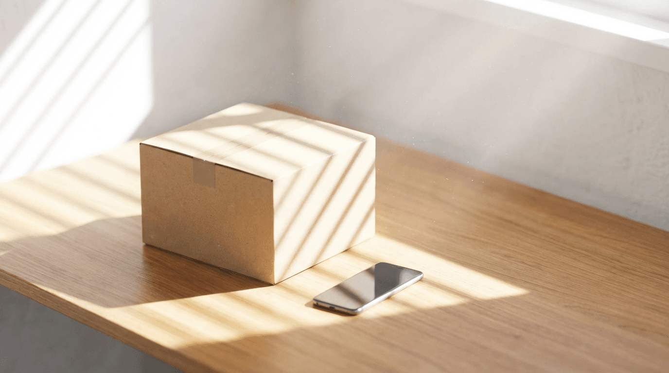 Hands packing a cardboard box on a wooden desk with wrapping paper and tape