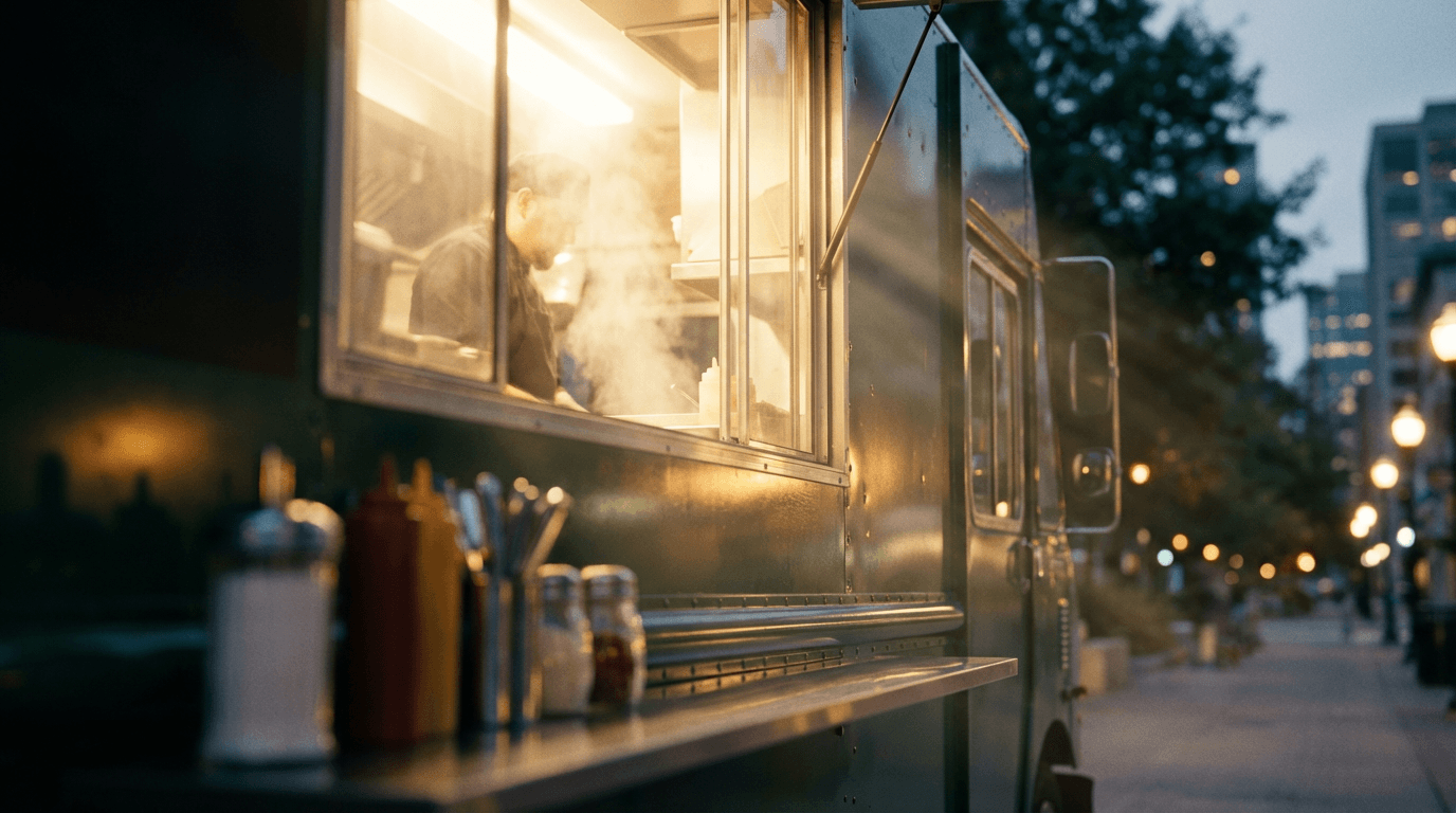 Mobile food stand counter with warm market lighting