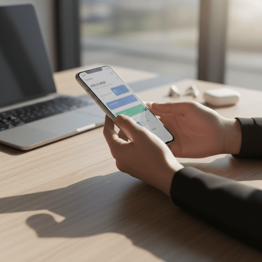 Hands holding a smartphone with a blurred email screen in front of a sunny office window