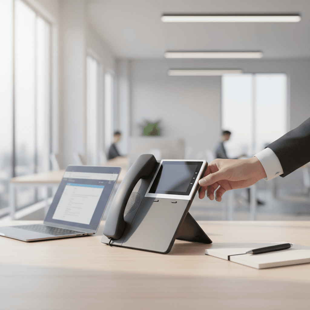 A hand reaching for a phone receiver on a desk