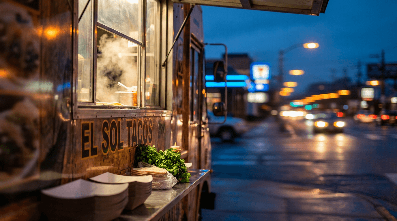A take-away food stand setup in an early morning courtyard