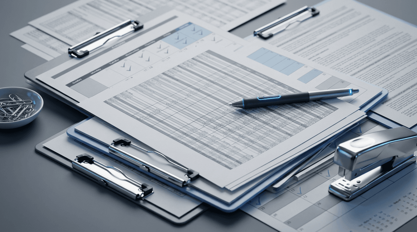 Invoices and shipping labels spread on a workspace desk